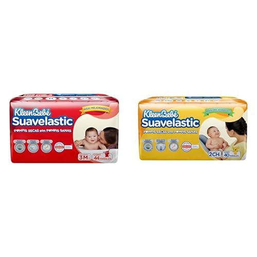 KleenBebé Suavelastic Pañales ET 3, Mediana Unisex, con 44 Piezas, para Bebés de 7 a 10 kg + KleenBebé Suavelastic Pañales ET 2, Chico Unisex, con 40 Piezas, para Bebés de 5 a 7.5 kg