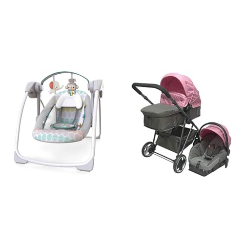 Bright Starts Columpio Automático Portátil para Bebés+D´BEBÉ - Carriola Travel System Queen - Carriola Multifuncional - Ideal para Bebés Recién Nacidos y hasta los 4 años - Rosa