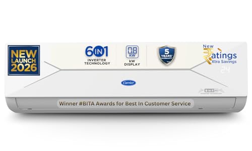 Carrier 1 Ton 3 Star,New Star rated, Flexicool Inverter Split AC (Copper, Convertible 6-in-1 with Smart Energy Display