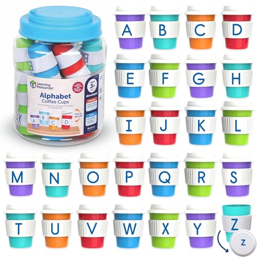 Learning Resources - Tazas de café del alfabeto - Juguetes ABC, práctica fonética, preparación para la lectura, desarrollo del idioma, juguete de letras para niños pequeños, juego a juego, actividades