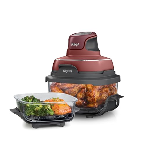 Ninja Crispi Freidora de Aire de Vidrio 4-en-1 | 450 °F | No Tóxica | Recipientes de Vidrio de 4 QT y 6 Tazas con Tapas | Apta para Microondas, Congelador y Lavavajillas