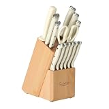 Sur La Table Kitchen Essentials Knife Set with Block, 14-Piece Forged German Steel Kitchen Knives, Beech Wood Block, Chef, Santoku, Bread & Steak Knives, Shears & Sharpener – Linen White