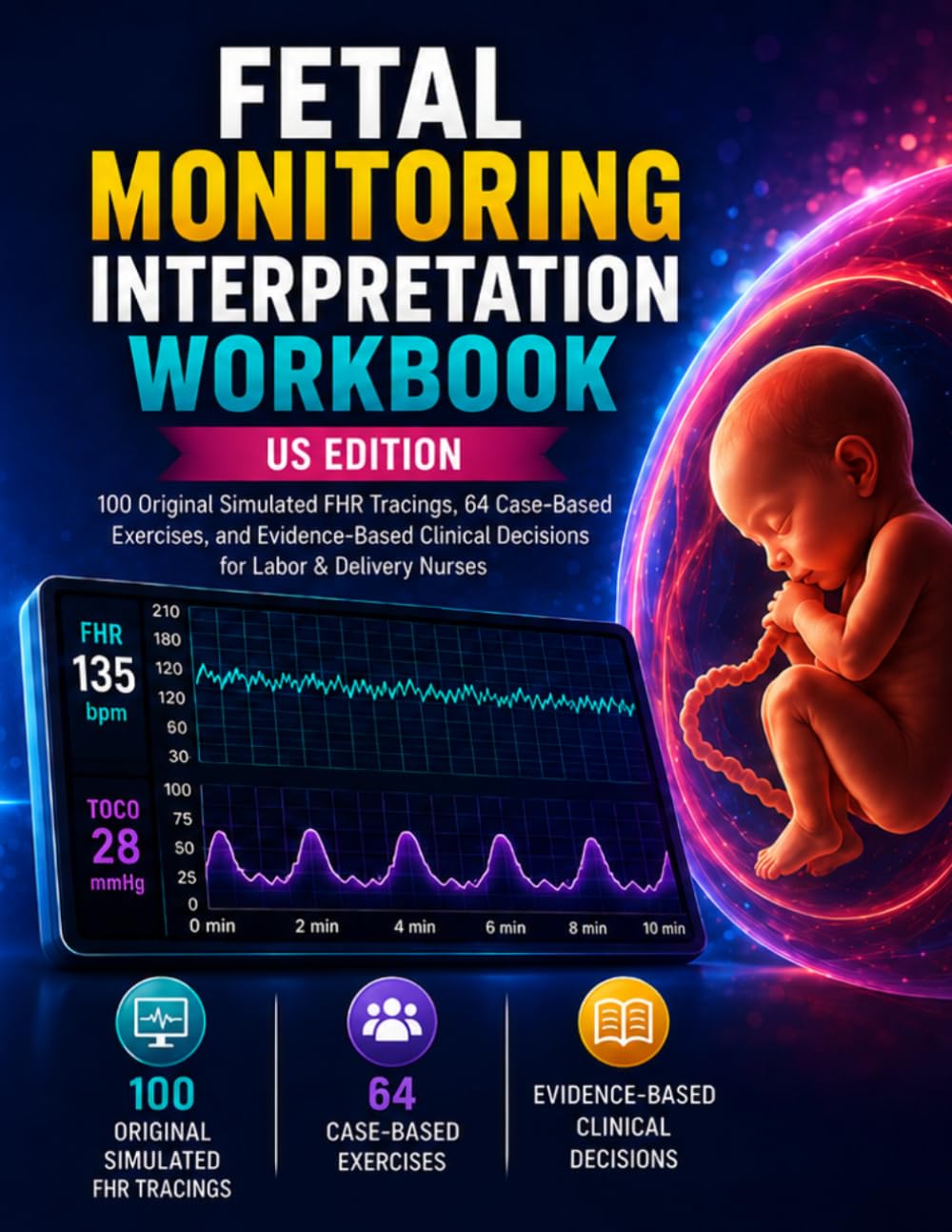 Cover of Fetal Monitoring Interpretation Workbook: 100 Original Simulated FH R Tracings, 64 Case-Based Exercises, and Evidence-Based Clinical Decisions for Labor & Delivery Nurses US Edition — Updated for 2026