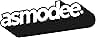 de la empresa Asmodee en blanco y negro, con el nombre de la marca en forma de nube estilizada con bordes redondeados y