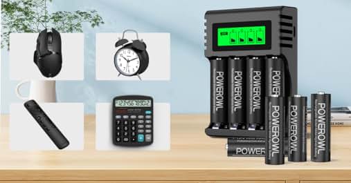 Batterieladegerät mit LCD-Display sowie diversem elektronischem Zubehör wie Computermaus, Wecker, Taschenrechner und wiederaufladbaren Batterien.