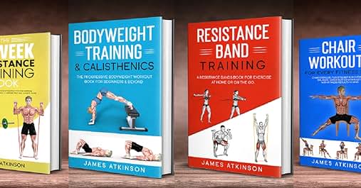 Collection of four fitness training books with illustrated covers featuring bodyweight, resistance band, and chair workout exercise guides.