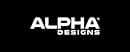 White 'ALPHA DESIGNS' logo text on black rectangular background, displaying company branding with minimalist design aesthetic.