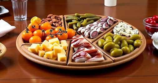 Round wooden platter with compartments containing various appetizers: cherry tomatoes, cheese cubes, almonds, green olives, pickles, sliced meat, and what appears to be blue cheese. Glass of water and bowl of red fruit visible.