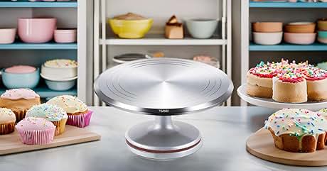 Rotating aluminum cake stand with circular brushed metal top plate and weighted base, shown in kitchen setting with decorated cupcakes and pastries.