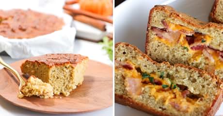 Two images of savory bread: a slice on a pink plate, and a loaf cut open revealing a cheesy, meaty filling.