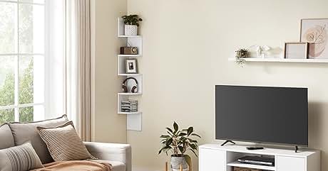 Sala de estar con TV de pantalla plana sobre armario blanco. Paredes, ventanas, macetas y estanterías de color beige