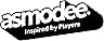 dice «Asmodee Inspired by Players». Logotipo en blanco y negro con el nombre de la marca «asmodee» en minúsculas dentro de una forma redondeada. El eslogan