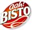 Bisto logo design featuring 'aah! BISTO' text in white and green on a red oval background with swirling orange accents.