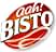 Bisto logo design featuring 'aah! BISTO' text in white and green on a red oval background with swirling orange accents.