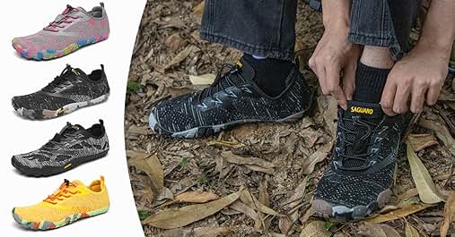 Zapatillas deportivas con parte superior de malla en varios colores. Primer plano de una persona vestida de negro sobre un suelo cubierto de hojas, demostrando