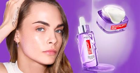 para el cuidado de la piel: frasco gotero de vidrio morado con suero y frasco blanco con tapa morada. Rostro de mujer con malla digital superpuesta en la mejilla, que muestra el área