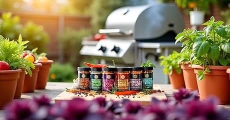 Text reads 'BEANFIELDS Salty & Peppered Black Bean Salty & Peppered Pinto Bean Barbecue Bean Mac n' Cheese Jalapeno Nacho'. Six colorful bean chip cans displayed outdoors with potted plants and grill in background.