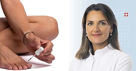 Primer plano de los pies que reciben un tratamiento para el cuidado de las uñas, que se muestra junto a un profesional con una bata médica blanca en una composición de paneles divididos