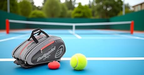 dice «Bullpadel». Pista de tenis con superficie azul. Bolsa de tenis gris y roja, pelota de tenis amarilla y objeto rojo en forma de disco en la cancha. Red de tenis visible en segundo plano