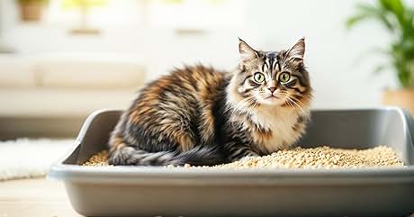 Gatto soriano dai capelli lunghi seduto in una lettiera grigia piena di lettiera beige, fotografato in un ambiente domestico con pavimento in legno