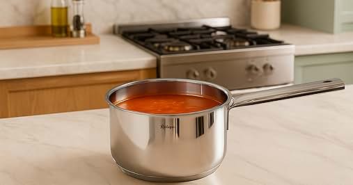 Stainless steel saucepan with long handle containing orange-red liquid, positioned on white countertop in modern kitchen with gas cooktop and wooden cutting board visible in background.