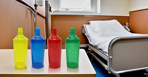 Four plastic water bottles with sports cap lids in yellow, blue, red, and green colors, standing on a surface near a hospital bed.