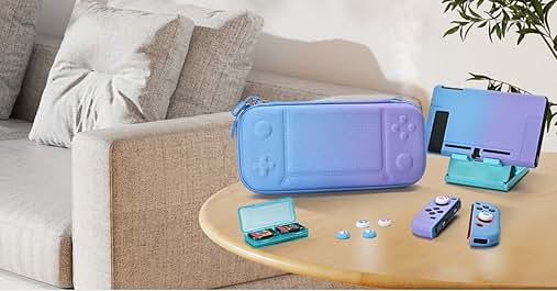 con los accesorios y cartuchos de juego a juego exhibida en una mesa de café de madera junto a un sofá beige