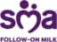 Purple text 'SMA FOLLOW-ON MILK' on green background. Stylized logo incorporates letters into heart shape.