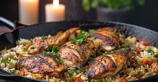 Grilled chicken pieces on a bed of rice with vegetables in a black skillet. Two lit candles in the background.