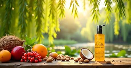 Text reads "seacret.com". Orange bottle with pump dispenser among assorted fruits and nuts. Background shows willow branches and sunlit water, creating natural, tropical ambiance.