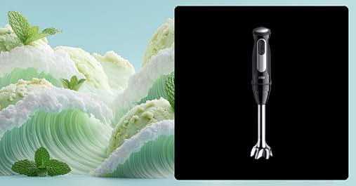 Split image: Left side shows waves of mint ice cream with fresh mint leaves. Right side displays a sleek black and silver immersion hand blender against dark background.