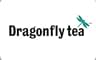Dragonfly Tea logo in black text with small teal dragonfly icon on white circular background.