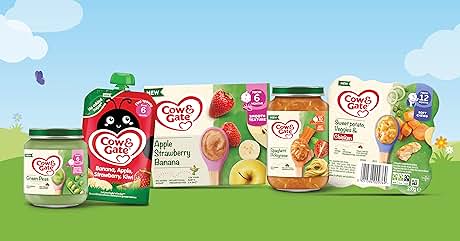 Text reads "Image 1". Product lineup of Cow & Gate baby food. Various pouches and jars featuring fruits like apple, strawberry, banana. Packaging shows Cow & Gate logo with heart shape. Set against cartoon grass and sky background.