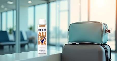dice «Rexona TODO EL DÍA». Pon una lata de desodorante en aerosol sobre la mesa, junto a un neceser azul claro sobre una maleta gris. Fondo de la sala de espera del aeropuerto o la oficina con ventanas