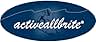 Logotipo azul de forma ovalada con texto blanco que dice «activeallbrite». Silueta estilizada de figura de corredor integrada en