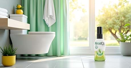 El texto dice «FreeCo». Baño moderno con inodoro blanco, cortinas verdes y detalles en amarillo. Botella de producto FreeCo con diseño verde y blanco en piso de baldosas cerca de