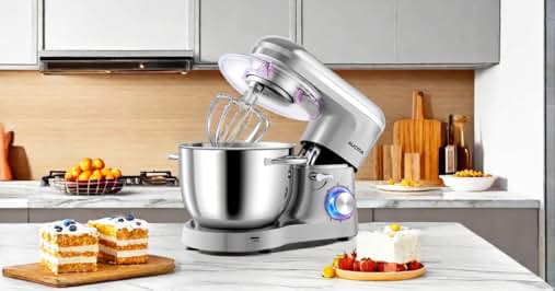 Stand mixer in kitchen setting. Silver appliance with large stainless steel bowl. Surrounded by baked goods and ingredients on wooden countertop.