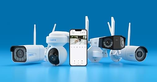 Conjunto de cámaras de seguridad inalámbricas blancas con integración de aplicaciones para teléfonos inteligentes, que se muestran sobre un fondo azul con el teléfono que muestra la interfaz de monitoreo.