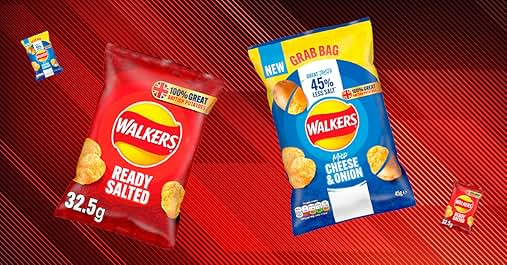 Two Walkers crisp packets: red 'Ready Salted' (32.5g) and blue 'Cheese & Onion' grab bag. Blue packet advertises '15% less fat' claim.