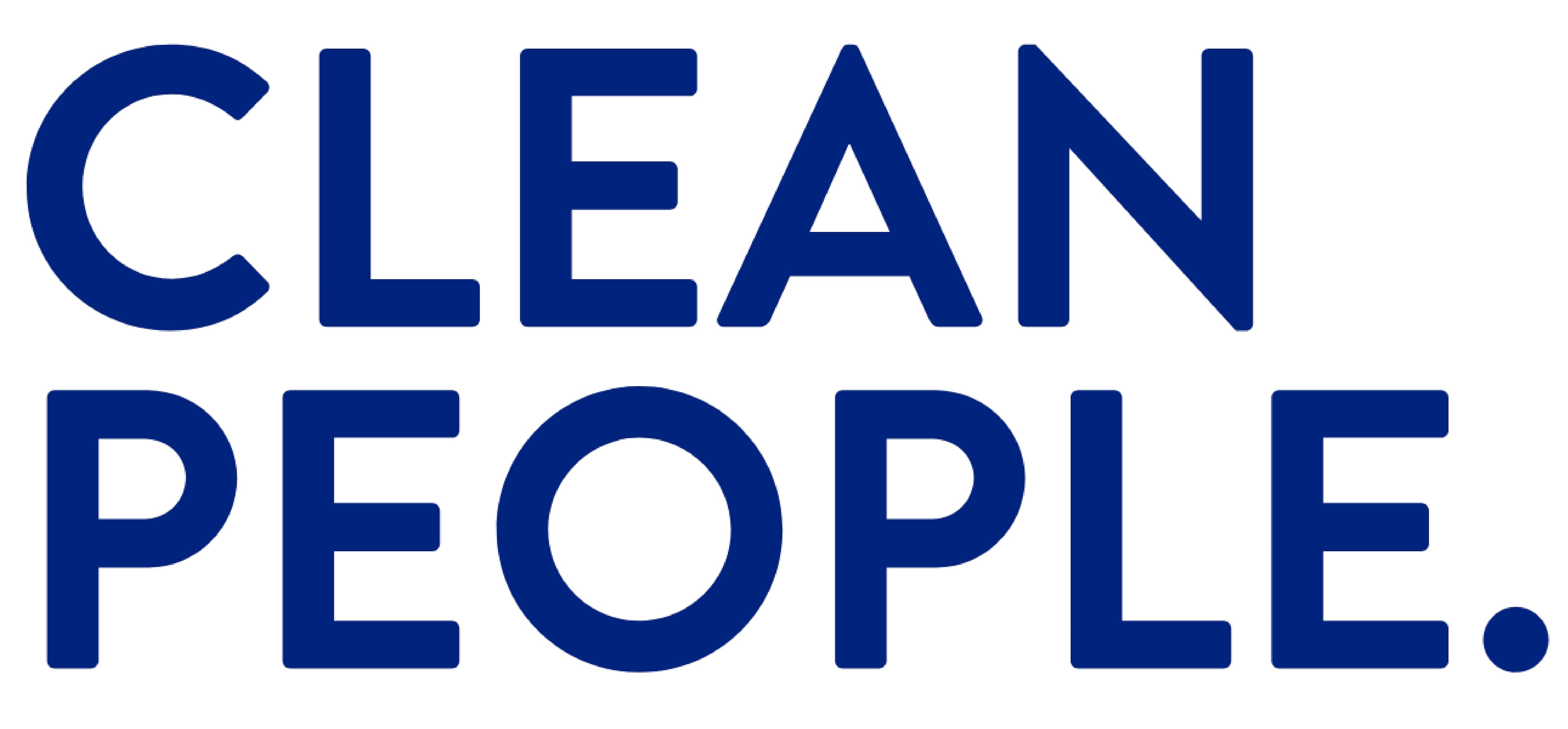 Large blue text on a white background reading 'CLEAN PEOPLE.' with a period at the end.
