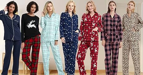 Collection of women's pajama sets in various patterns and colors, including plaid, polka dots, and animal prints. Styles range from button-up tops to long pants.