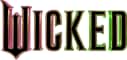 Large stylized text spelling 'WICKED' in metallic pink letters against a green and black striped background.