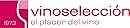 para el servicio de vinos «Vinoselección». El texto dice «el placer del vino». Combinación de colores rosa y blanco con el icono de una copa de vino.