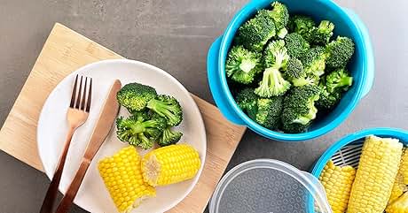 Text reads "Image 1". Overhead view of food preparation. White plate with broccoli floret and corn on the cob pieces. Blue bowl filled with broccoli florets. Clear container with corn on the cob pieces. Wooden cutting board and utensils visible.