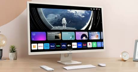 Elegante configuración de computadora de escritorio blanca con pantalla grande que muestra varios íconos de aplicaciones. Incluye teclado, ratón y objetos decorativos en el escritorio.