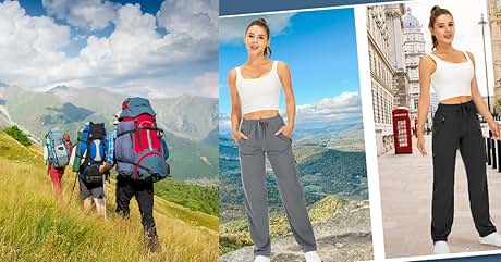 Three-panel image showing hiking scene with backpackers, and two lifestyle shots featuring casual wear in outdoor and urban settings.