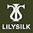 Dark green background with white stylized logo featuring intertwined letters. Text below reads 'LILYSILK'.