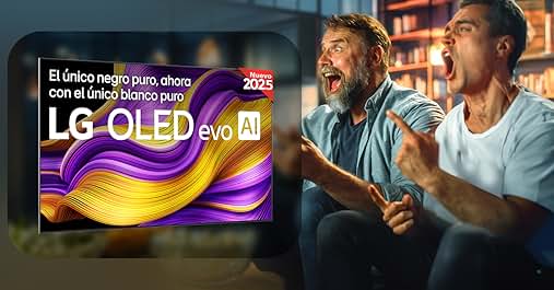 dice «El único mejor que uno para el mejor juego es LG OLED evo AI». Dos hombres emocionados ven la televisión y reaccionan con la boca abierta. La pantalla del televisor muestra un patrón abstracto colorido