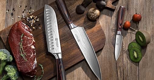 Text reads "The Last Kitchen Knife You will Ever Need to Buy." Image shows kitchen knives on wooden surface with raw steak, vegetables, and spices. Three knives displayed: large chef's knife, santoku-style knife, and small paring knife.