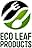 Eco Leaf Products logo featuring a green leaf with a fork and spoon silhouette. Text in black below the circular emblem.